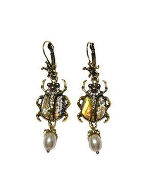 Imitation Mother of Pearl Scarab Beetle Drop Earrings Gold-Tone